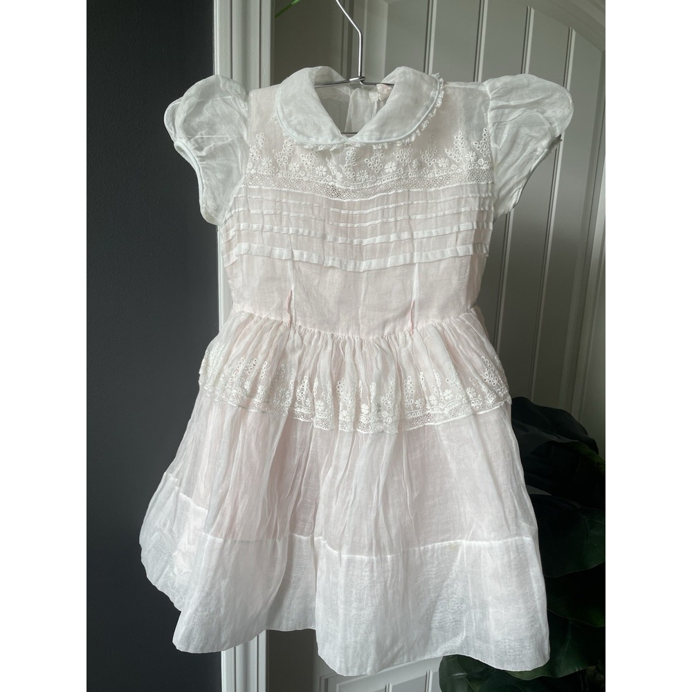 Vtg Yolande Handmade Girl's Dress Size 4 Sheer Pink Cotton Batiste Lace 40s 50s